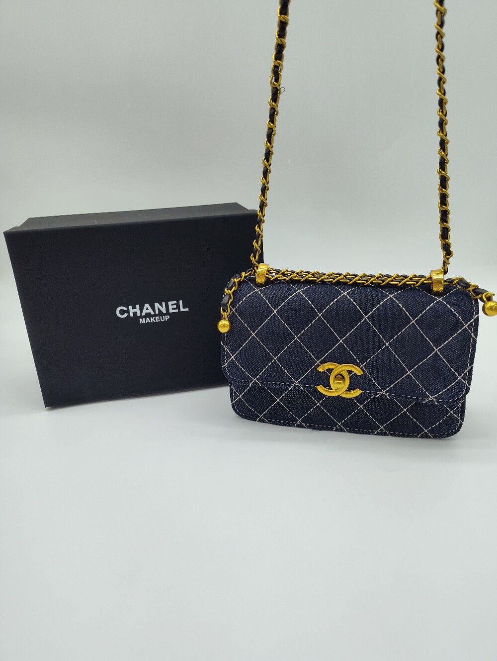 CHANEL MAKEUP Promotional Denim Quilted Chain Shoulder Bag Antique Gold NIB